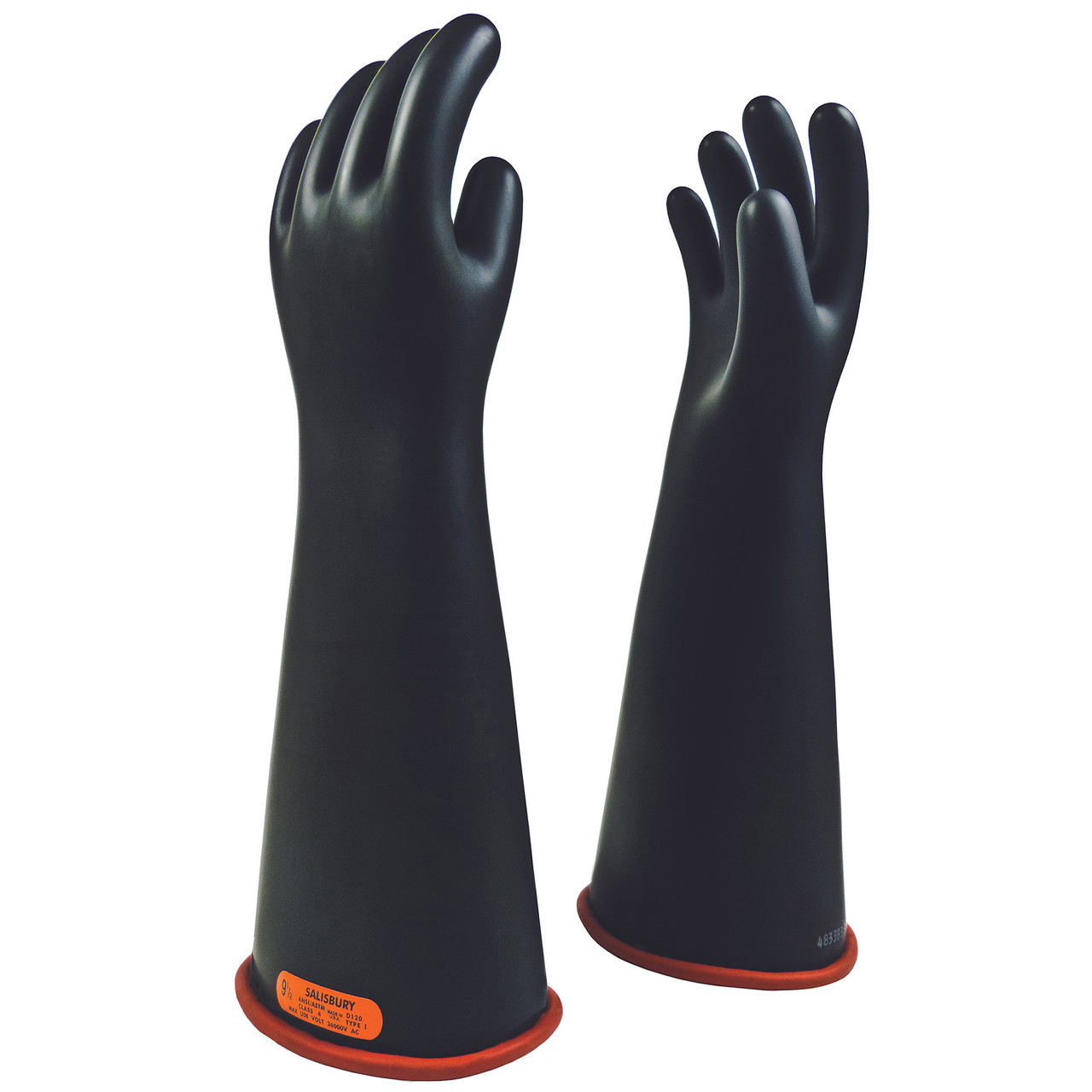 Two black glove display dummies with raised hands on orange bases against a white background.