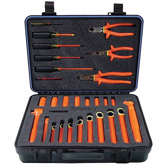 Orange-handled tool set in a black hard plastic case, with pliers, screwdrivers, and specialty bits visible in foam inserts, closed lid open